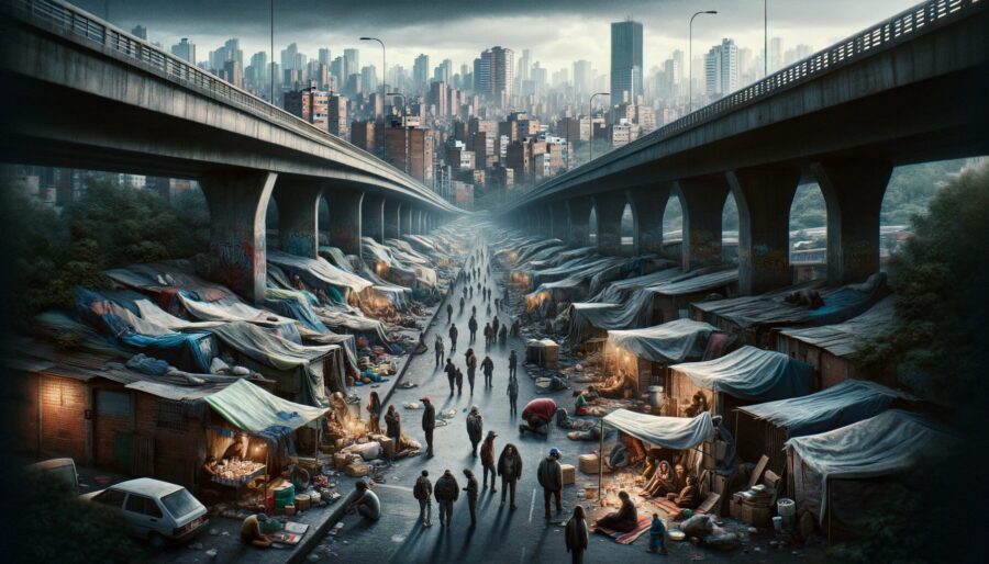 Medell N Faces 150 Increase In Homeless Population Over Four Years   DALL·E 2024 01 04 17.34.59 A Somber Urban Scene In Medellin Depicting The Challenging Reality Of The Citys Increasing Homeless Population. The Image Shows A Crowded Street Wit 